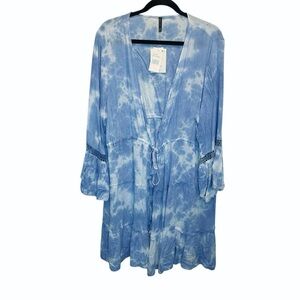 Raviya Plus Size Tie-Dyed Bell-Sleeve Cover-Up Ocean Tie Dye Blue 1X New